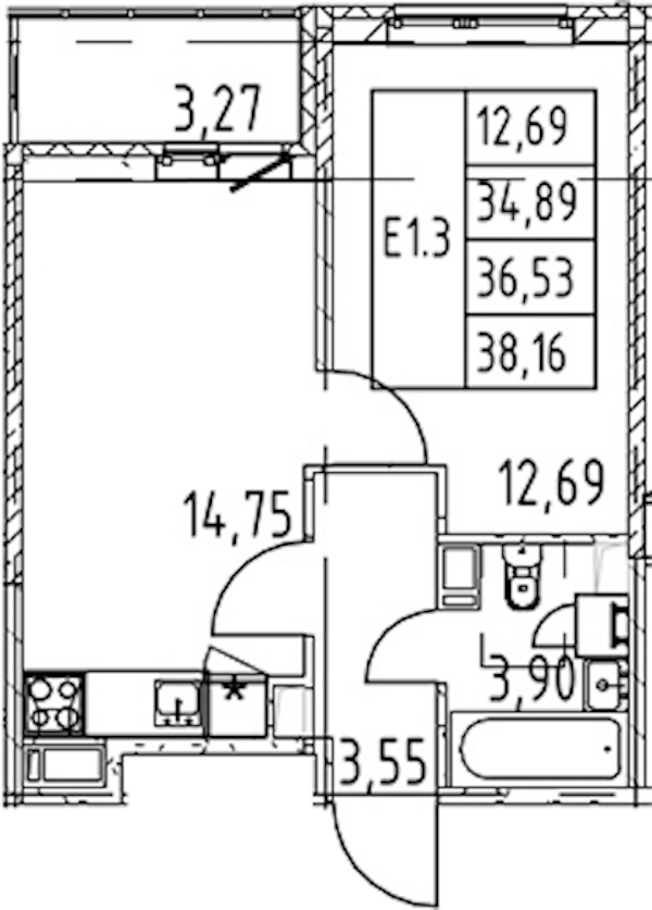 1-комнатная квартира 34.89 м², 12/12 эт., ЖК «Полис ЛАВрики»